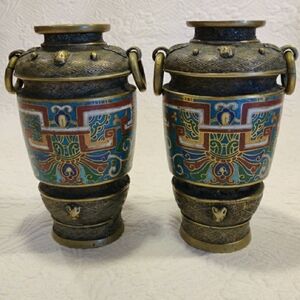 Antique Cloisonne Brass Vases Champleve Enamel Floral Pattern Japanese Handmade